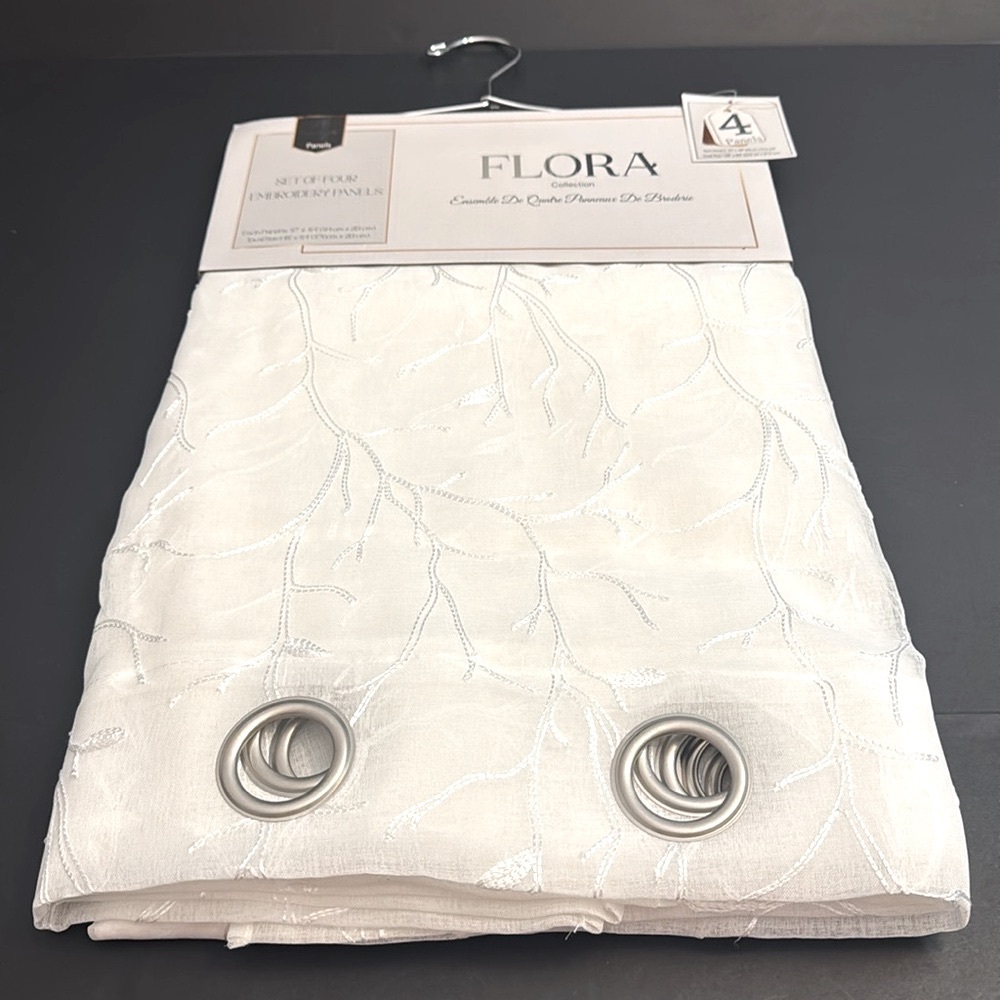 FLORA Collection Set Of 4 Embroidery Panels -White -37"x84"